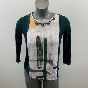 Zara W&B Women's Green Gemmed White Graphic Design Pattern on Front Long 3/4 Sle